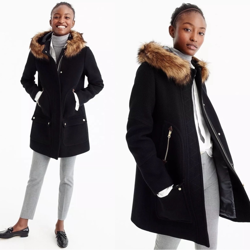 J Crew • Chateau Parka in Italian Stadium-Cloth Wool black Nello Gori faux fur